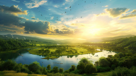 Sunny spring morning on meadow near river. Scenic rural landscape. Spring sunny background.の素材