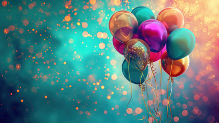 Colorful balloons. Concept of happy birth day in summer and wedding, honeymoon party use for background. Vintage color tone style.の素材