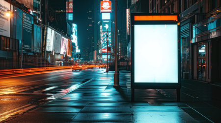 Blank city format Billboard Light Poster, City Light banner pylon in in the city center mock-up at night. Blurred background, copy space.の素材