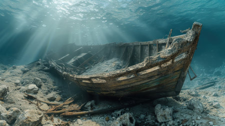 Old broken fishing boat under water, wooden abandoned boat.の素材