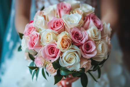 The bride in a white wedding dress holds a wedding bouquet. The bouquet consists of white, pink, purple roses, eucalyptus leaves, and pink berries.の素材