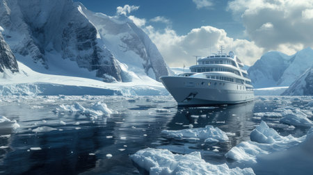 Cruise Ship at the Antarctic Peninsula Ocean and Icebergs and Mountains in the Background in Antarctica.の素材