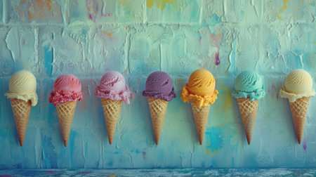 Assorted icecream cones lined up, set on color background.の素材