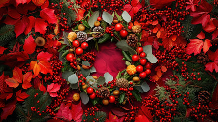 Vintage concept of a red berry holiday wreath on rustic wood.の素材