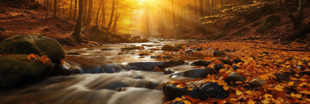 Scenic landscape, river in gold sunlight autumn forest, amazing colorful scenery, fallen leaves on big stones near fast stream. Mountain stream in autumn, stream in the forest.の素材
