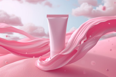 Horizontal image white blank tube of face cream flying on pink background. Natural cosmetics for skin care concept. Image for your design or mockup.の素材