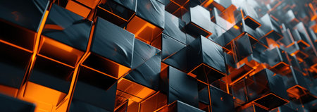Black and orange geometric wallpaper. Black cubes in orange glow.の素材