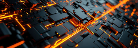 Black and orange geometric wallpaper. Black cubes in orange glow.の素材