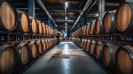 Wine cellar. Wine or whiskey barrels. French wooden barrels.の素材