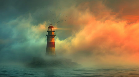 Lighthouse in a foggy sea show the direction - loneliness and hope concept.の素材