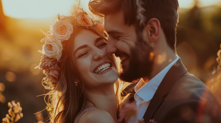 Close-up portrait of a caucasian young loving couple embracing while standing on a roadside. Couple embracing road travel. Sunset scene.の素材