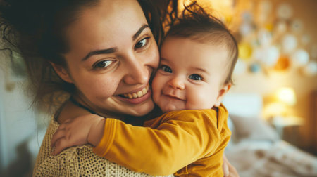 mother cuddling her baby with smile on their faces and adorable look on baby face.の素材