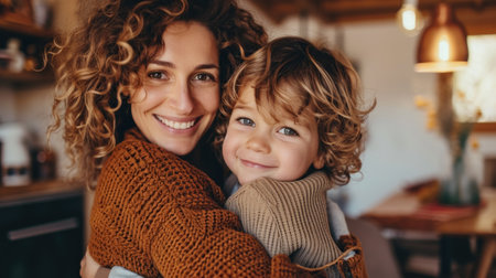 Affectionate loving middle aged mother cuddling child. Excited to see daughter, happy senior older mom cuddling her, sitting together on comfortable sofa in living room.の素材
