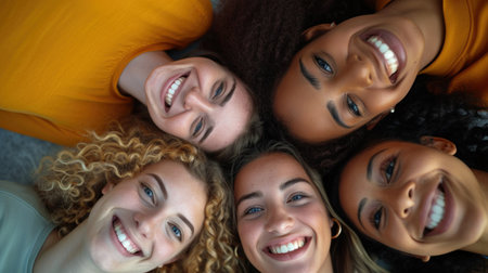 Top view six diverse women in lying and smile look at camera feels happy, bachelorette party concept.の素材