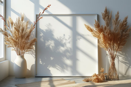 Interior with design cabinet, mock up photo frame, elegant accessories and beautiful plants. Modern home decor. Minimalistic concept. Template. Blank.の素材