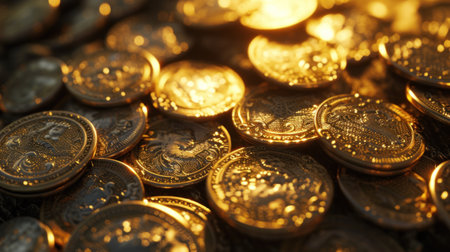Sparkling golden coins on bright light glowing bokeh background, business finance wealth and success conceptの素材