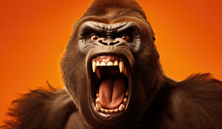 Angry gorilla screaming isolated on orange background. Studio shot. Shout.の素材