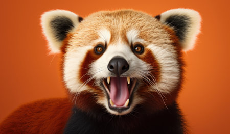 Portrait of red panda on orange background, close-upの素材