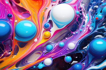 Beautiful abstraction of liquid paints in slow blending flow mixing together gently.の素材