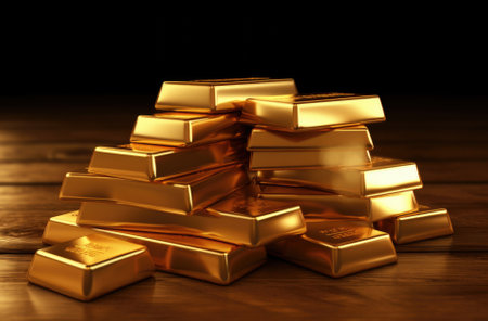 Stack of gold bars on a wooden table. 3D rendering.の素材