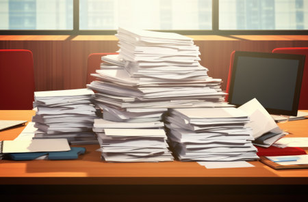 Pile of unfinished documents on office table, Stack of business paperの素材