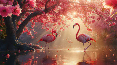Birds Pink Flamingos Walk on the Lake at the Pink Sunset in Cyprus, Beautiful Romantic Concept.の素材