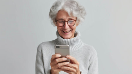 Adult mature woman with long white hair wearing shirt holding cellphone isolated over gray background.の素材