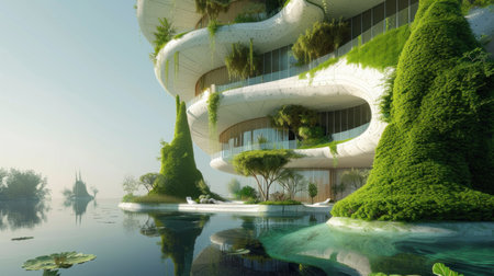 Green futuristic modern building, forest apartment gardens on balconies. Modern sustainable architecture.の素材