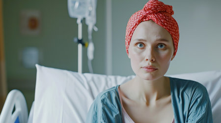 Young cancer woman lying in hospital bed.の素材