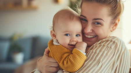 mother cuddling her baby with smile on their faces and adorable look on baby face.の素材