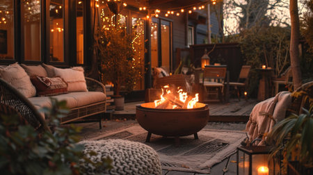Beautiful backyard firepit at dusk with comfortable chairs.の素材