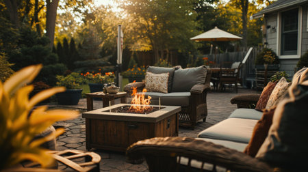 Beautiful backyard firepit at dusk with comfortable chairs.の素材
