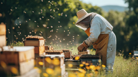 Beekeeper checking honey on the beehive frame in the field.の素材