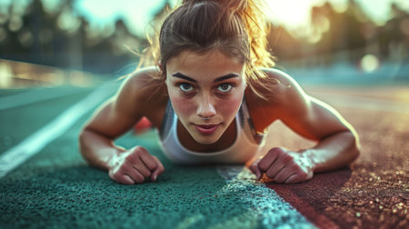 Woman making a push up looking at camera. Low angle view.の素材