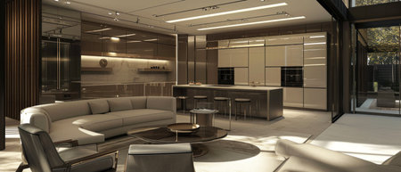 interior design spacious bright studio apartment in Scandinavian style and warm pastel white and beige colors. trendy furniture in the living area and modern details in the kitchen area.の素材