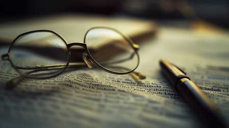 reading glasses and a ballpoint pen lie on a newspaper.の素材