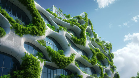 Green skyscraper building with plants growing on the facade. Ecology and green living in city, urban environment concept. Park in the sky.の素材