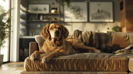 Cute dog lying on sofa in living room at home. Pet careの素材