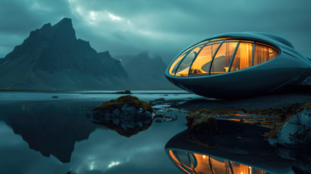 3D rendering of a futuristic spaceship with reflection in the water.の素材