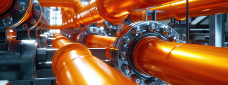 Industrial zone, Steel pipelines and cables in orange tones. Industrial backgroundの素材