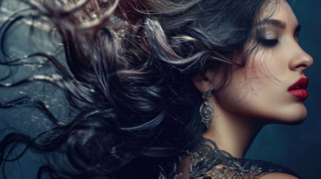 Portrait of a beautiful young woman with long black curly hair.の素材