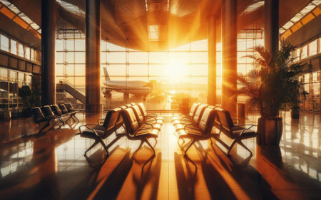 Airport terminal interior with seats and sunlight. 3D Renderingの素材
