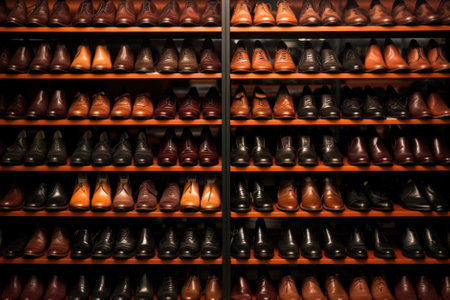 Men's leather shoes in a shop window. Shallow depth of fieldの素材