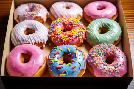 Colorful glazed donuts in a box on wooden background.の素材