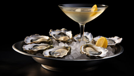 Fresh oysters on ice with lemon and martini glass on black backgroundの素材