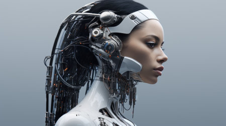3d rendering of a female robot with futuristic hairstyle on gray backgroundの素材