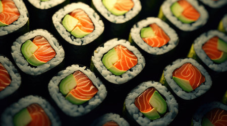 Sushi roll with salmon, avocado and cucumber. Close upの素材