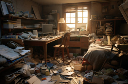 Abandoned and cluttered school classroom with books, papers and computersの素材