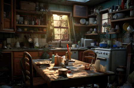 Old kitchen interior with furniture and utensils. Selective focus.の素材