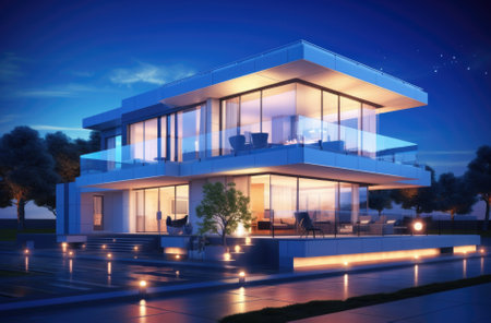 Modern house exterior at night. 3d rendering. Computer digital drawing.の素材